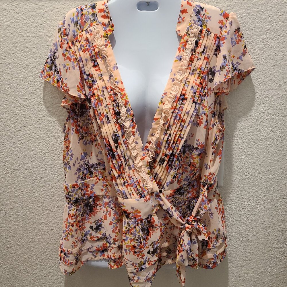 Elle women's pink floral wrap blouse v neck size XL